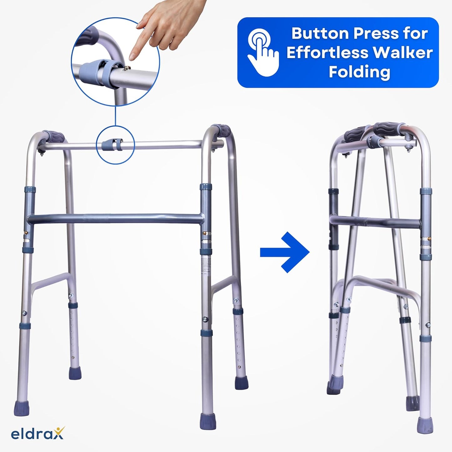 ComfortEase Aluminum Foldable Walker | Comfort & Full Support | Weight Capacity 100 kg | Lightweight & Height Adjustable | Old People, Elderly Person and Patient