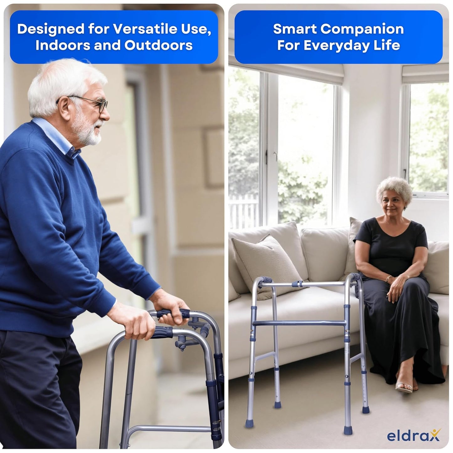ComfortEase Aluminum Foldable Walker | Comfort & Full Support | Weight Capacity 100 kg | Lightweight & Height Adjustable | Old People, Elderly Person and Patient
