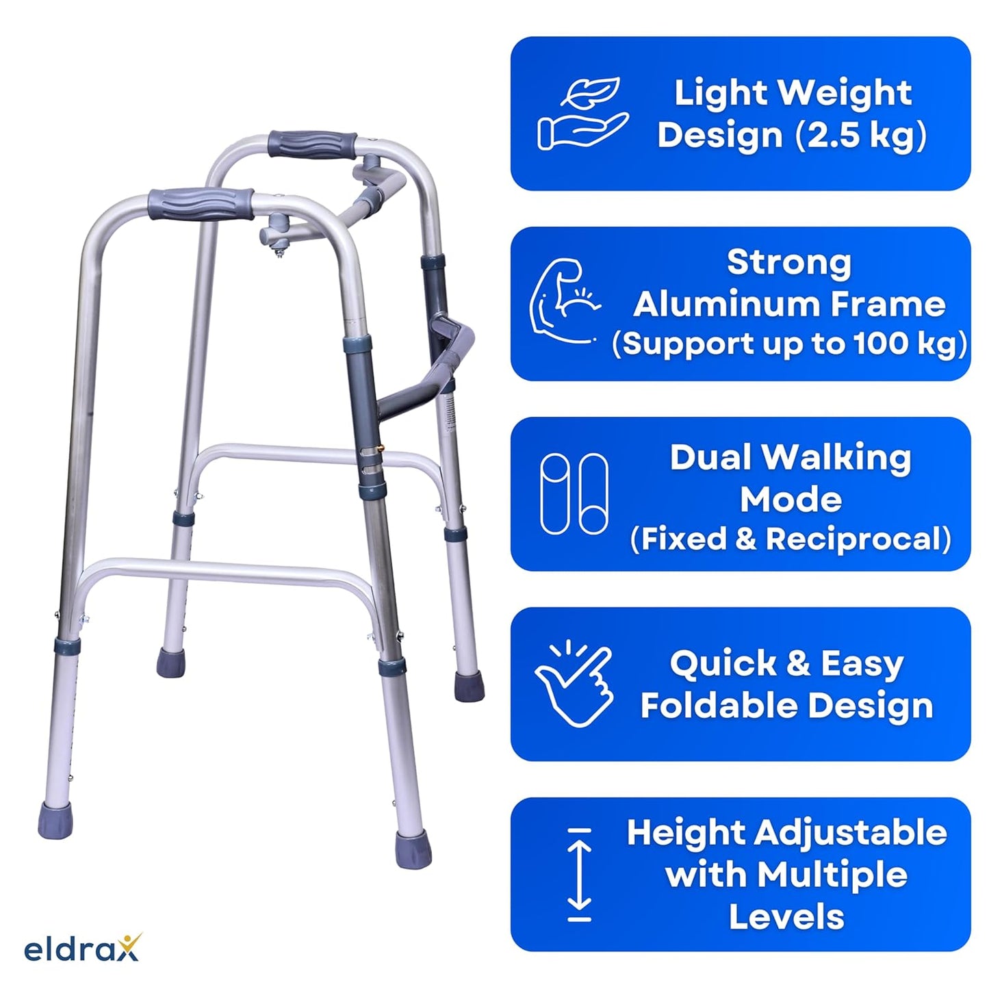 ComfortEase Aluminum Foldable Walker | Comfort & Full Support | Weight Capacity 100 kg | Lightweight & Height Adjustable | Old People, Elderly Person and Patient